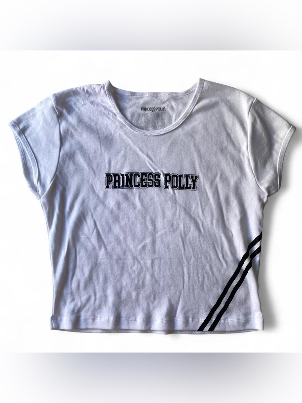 Princess Polly White Cropped Logo Tee with Black Stripes XL